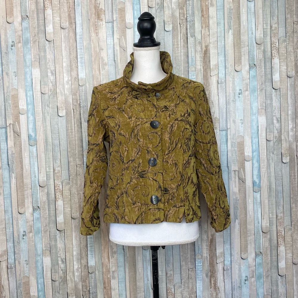 Cut Loose M Jacquard Brocade Button Jacket Blazer Green Gold Boho Lagenlook - Picture 2 of 8